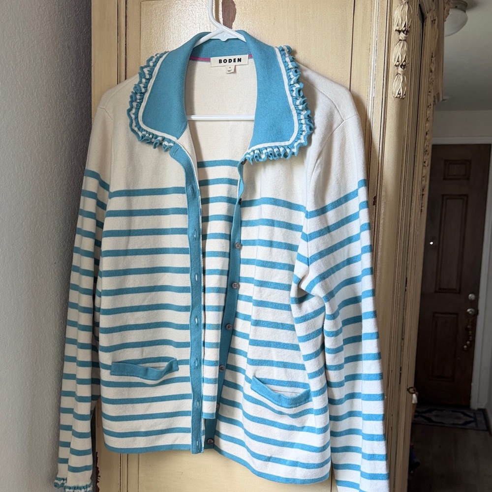 Boden Cream and Light Blue Striped Cardigan Blazer